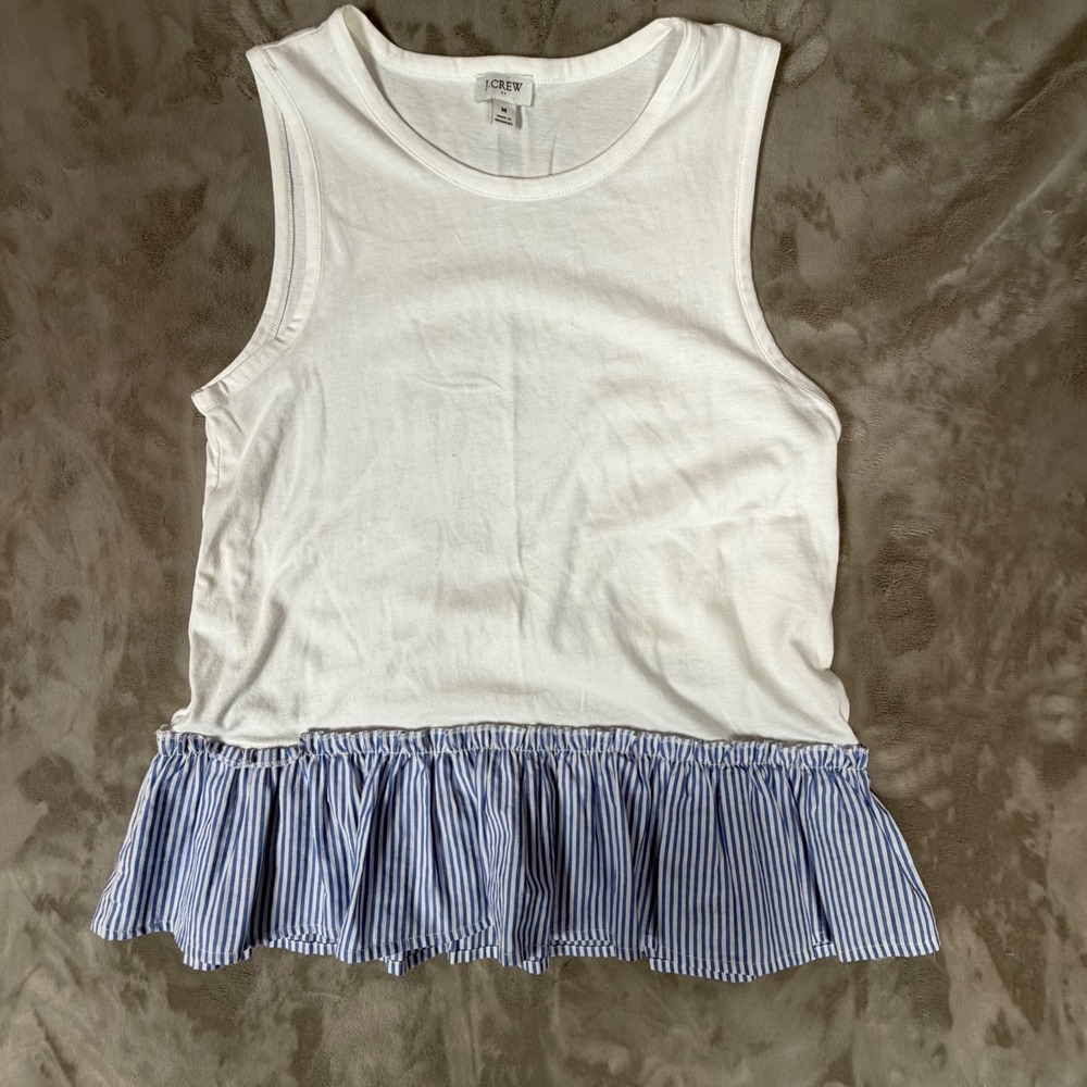 J.Crew Womens White Mixed Media Peplum Tank Top Blue Striped Ruffle Hem M
